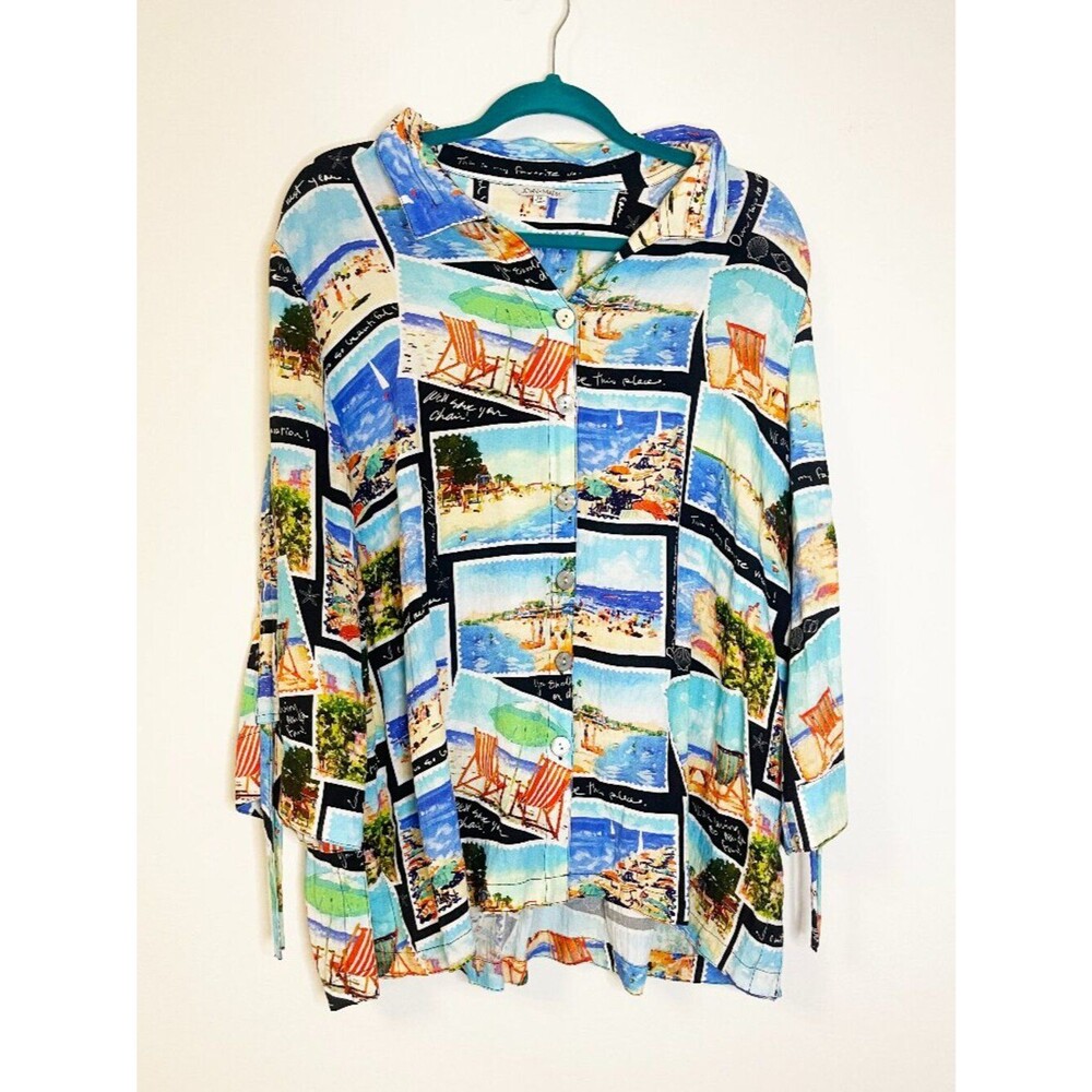 John Mark Beach Postcard Print Button Front Blouse 1X Coastal Vacation Shirt